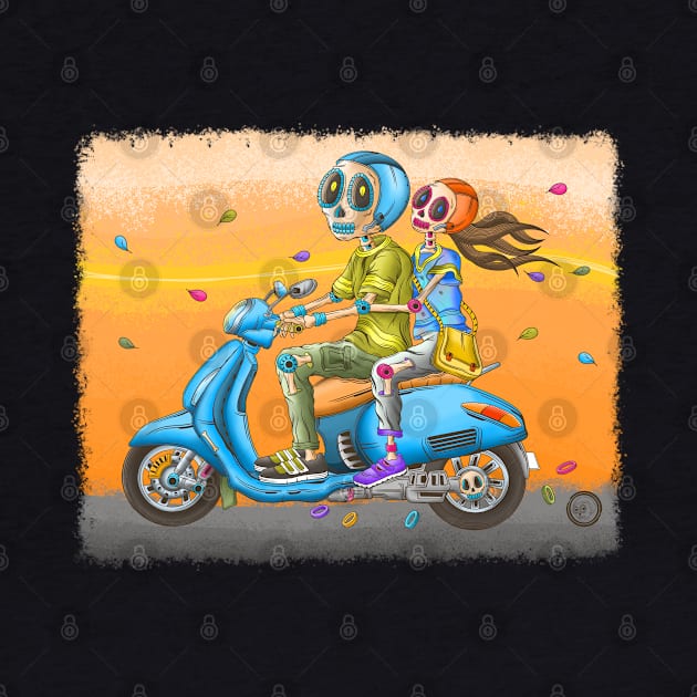 Cute Skeleton Couple - Dia De Los Muertos - Colorful Skeletons Scooter Ride Along by Scriptnbones